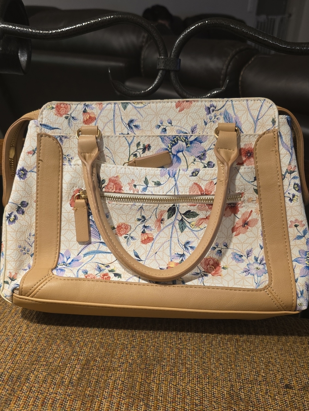 Floral Print Satchel Bag with Tan Trim